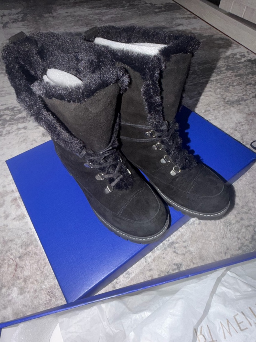 Stuart Weitzman Black Faux-Fur Lace-Up Winter Boots